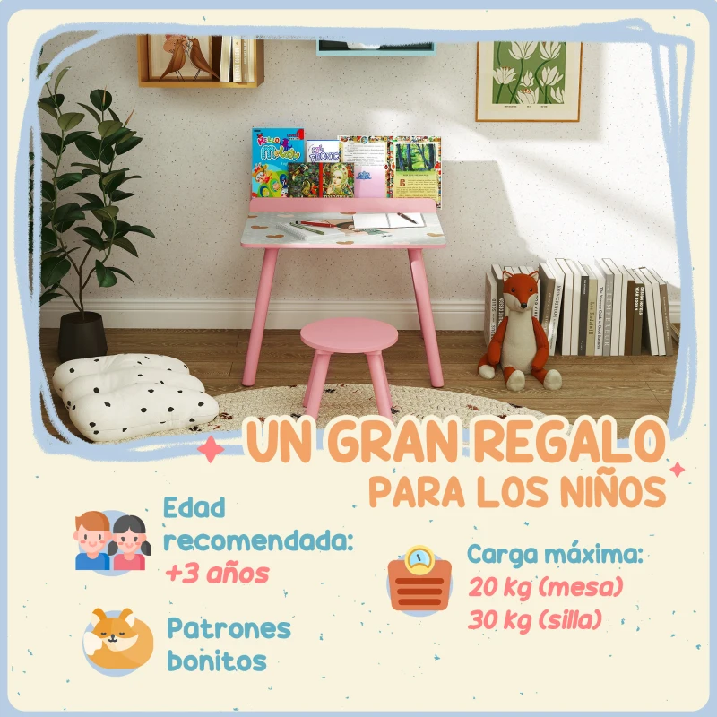 AIYAPLAY Mesa Infantil con Silla y Estante para Libros Escritorio para Niños de +3 Años para Sala de Juegos Rosa