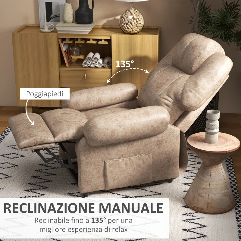 HOMCOM Poltrona Relax Reclinabile Manuale in Tessuto con Poggiapiedi Estraibile e Tasca Laterale, Beige