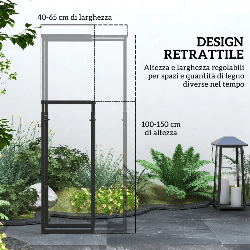 Outsunny Portalegna da Interno ed Esterno Regolabile in Metallo con Ganci a S, 40-65x25x100-150 cm, Nero