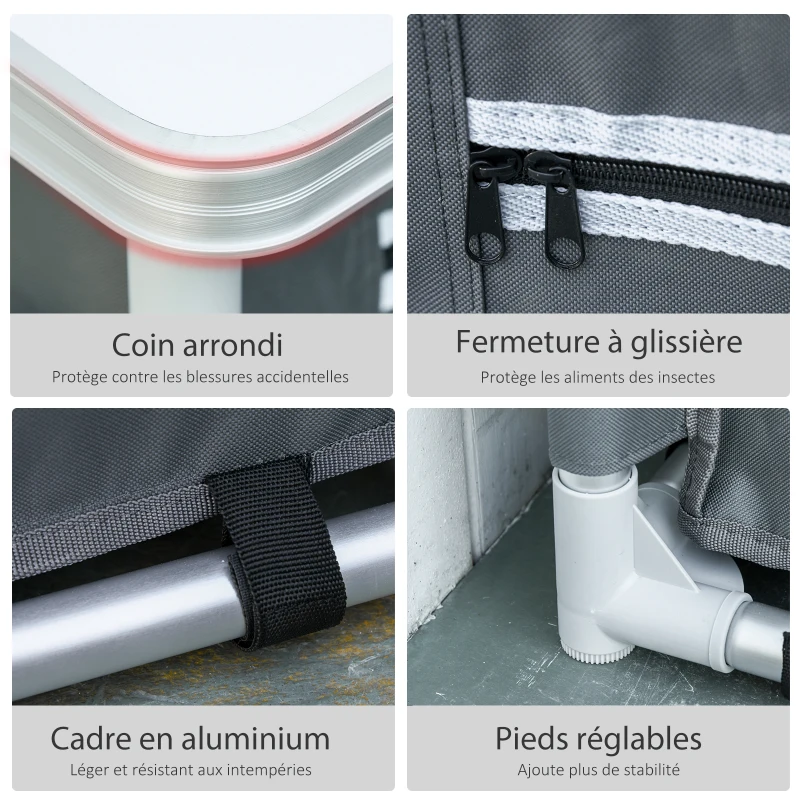 Outsunny Placard de cuisine pour camping pliable avec 2 étagères et sac de transport, aluminium et tissu Oxford 60x49x70cm Gris