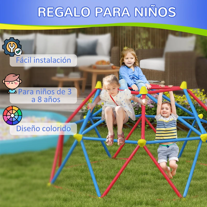 Outsunny Cúpula de Escalada Juego de Cúpula Geométrica para 3-8 Años con Marco de Metálico Carga 180 kg Ø183x90 cm Rojo y Azul