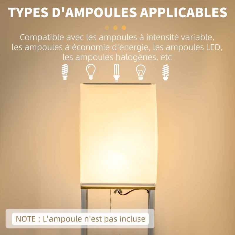 HOMCOM Lampadaire en bois design moderne 3 étagères douille E27 (ampoule non inclus) pour chambre salon bureau café hôtel blanc