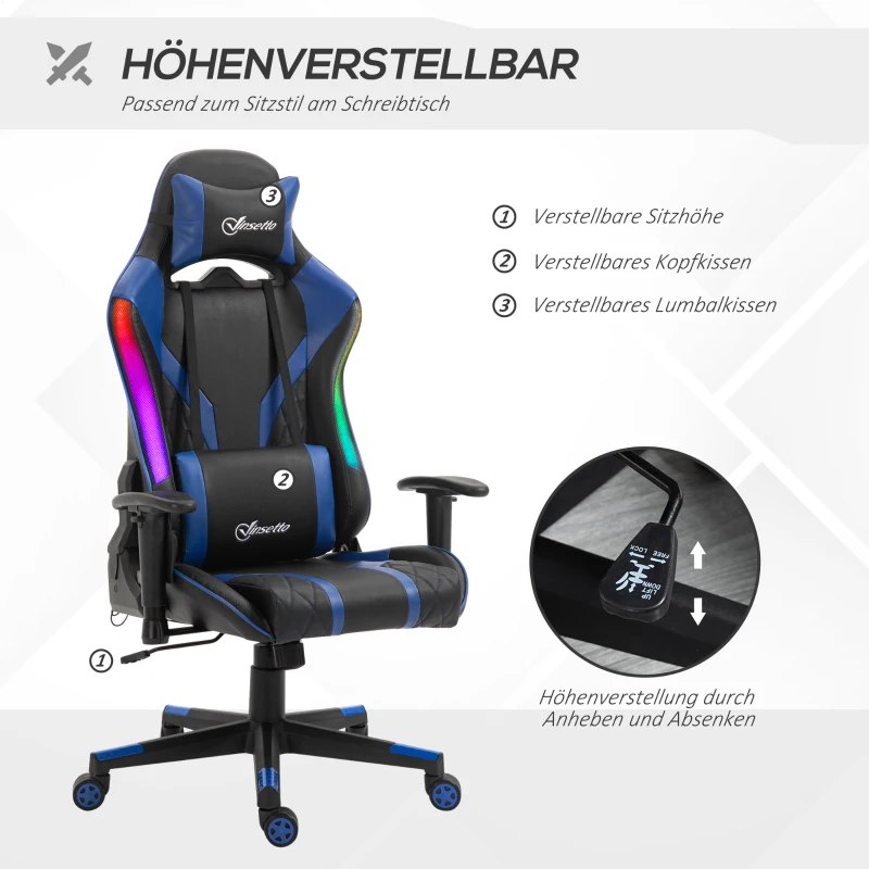 Vinsetto Bürostuhl LED Gaming Stuhl mit Armlehne, hoher Rückenlehne und Kissen ergonomischer Drehstuhl mit Liegefunktion Handlauf anhebbar Kunstleder Nylon Schwarz+Blau 70 x 57,5 x 126-136 cm