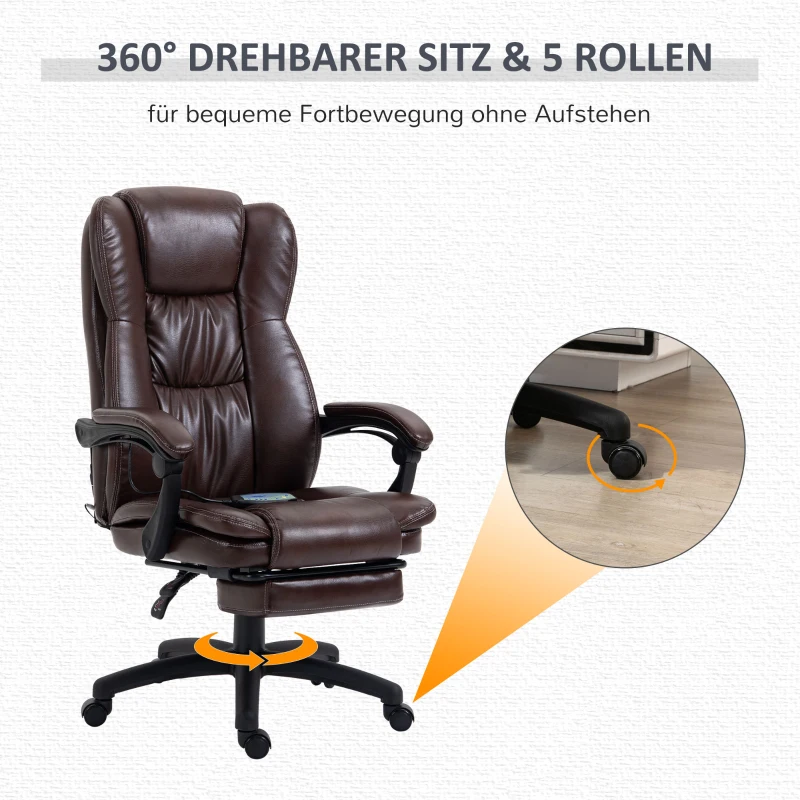 Vinsetto Verstellbarer Drehstuhl mit Fußstütze, Kopfstütze, Massagefunktion, Kunstleder, 68,5x68,5x113-121cm, Braun