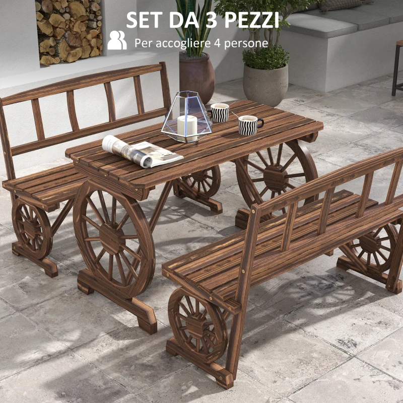 Outsunny Set da Giardino 3 Pezzi in Legno di Pino con 1 Tavolo da Esterno 115x55x71 cm e 2 Panchine 115x51x80 cm