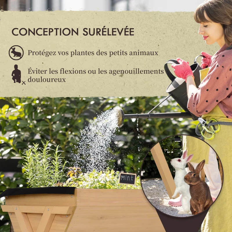 Outsunny Jardinière sur Pieds Potager dim. 100L x 70l x 80H cm Insert d'irrigation + Feutre de Drainage Inclus Bois Massif Sapin