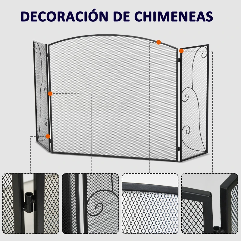 HOMCOM Pantalla de Chimenea Plegable con Bisagras 132,5x76,5 cm Estructura de Acero Resistente Malla Decorativa Negro