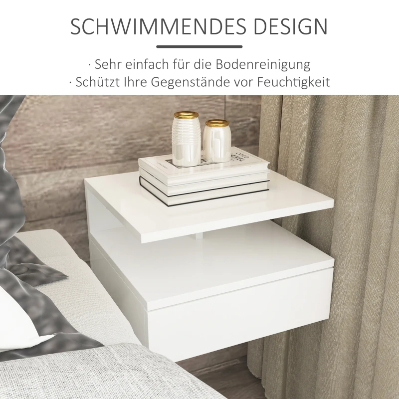 HOMCOM 2 tlg. Wandnachttische Nachttisch Wandschrank mit Schublade Schwimmendes Design Schlafzimmer Nachtkommode Beistelltisch modern Spanplatte Weiß 35x32x22,5 cm