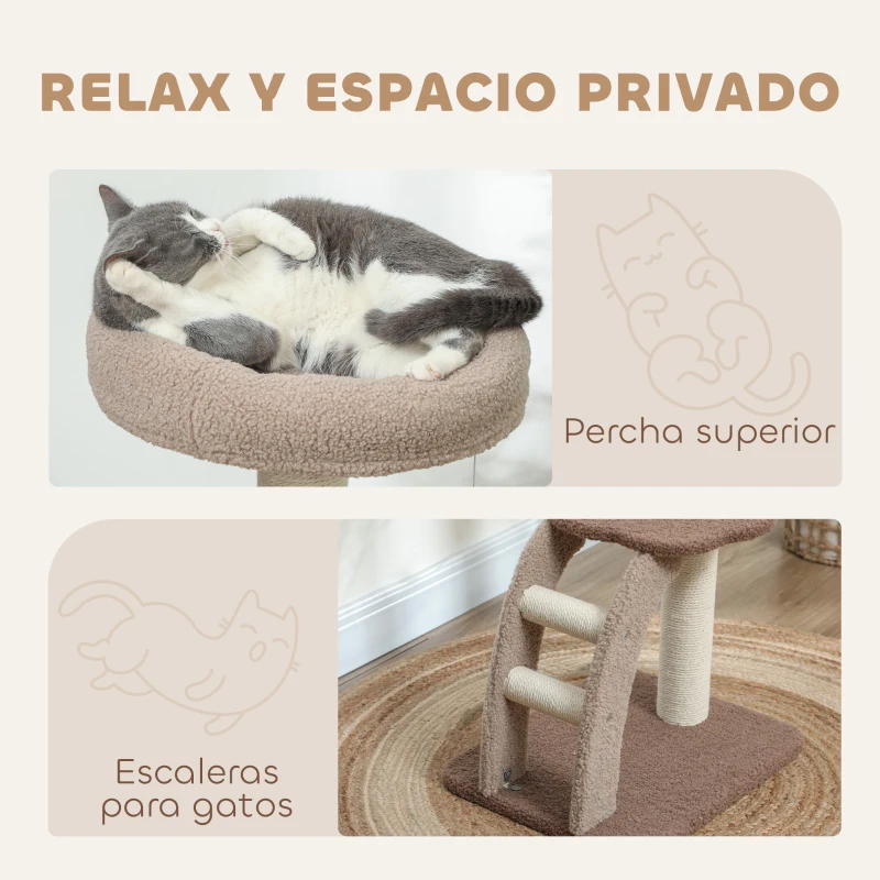 PawHut Árbol para Gatos Altura 88 cm Torre para Gatos con Nido Plataformas Bola Colgante Escalera y Poste de Sisal Café