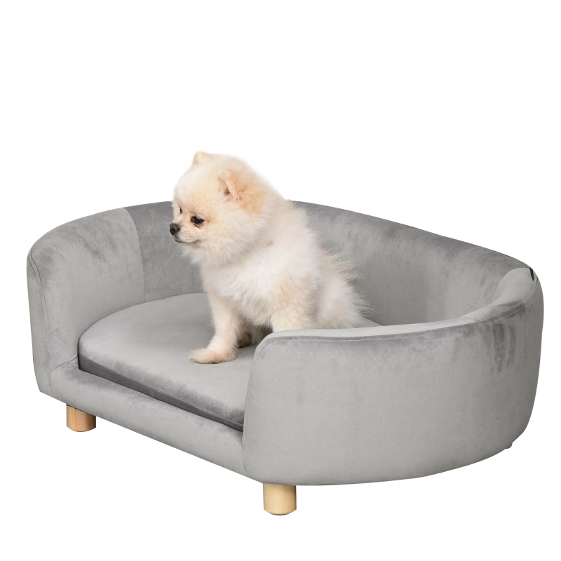 PawHut Haustiersofa Hundesofa Hundebett mit Hollndischer Samt Schaumstoff  Birke Bein fr Katzen Hunde 86 x 55 x 33 cm Hellgrau | Aosom.de