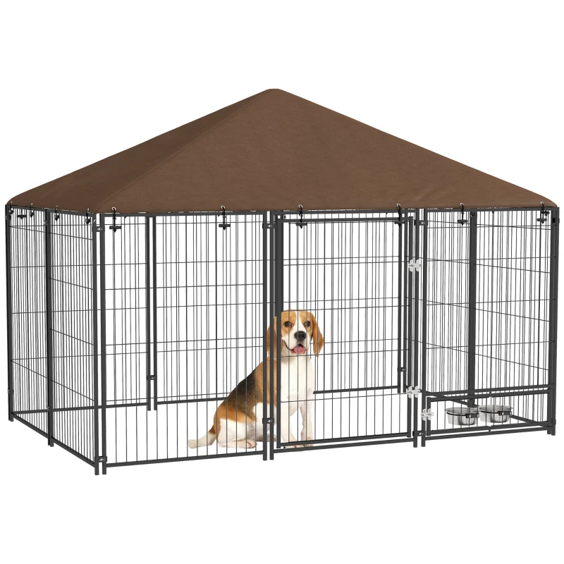 PawHut Chenil extérieur pour Chiens en acier et Tissu Oxford Support gamelle et Toit résistant aux intempéries Espace spacieux