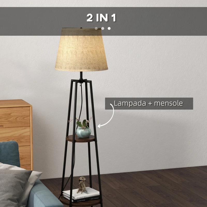 HOMCOM Lampada da Terra a 2 Ripiani in Metallo e MDF con Paralume in Tessuto, Ø42x166 cm, Nero e Marrone