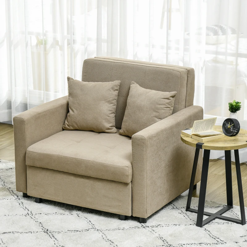 HOMCOM Poltrona Letto in Tessuto Effetto Velluto Marrone Chiaro con 2 Cuscini e Spazio Portaoggetti, 100x98x88 cm