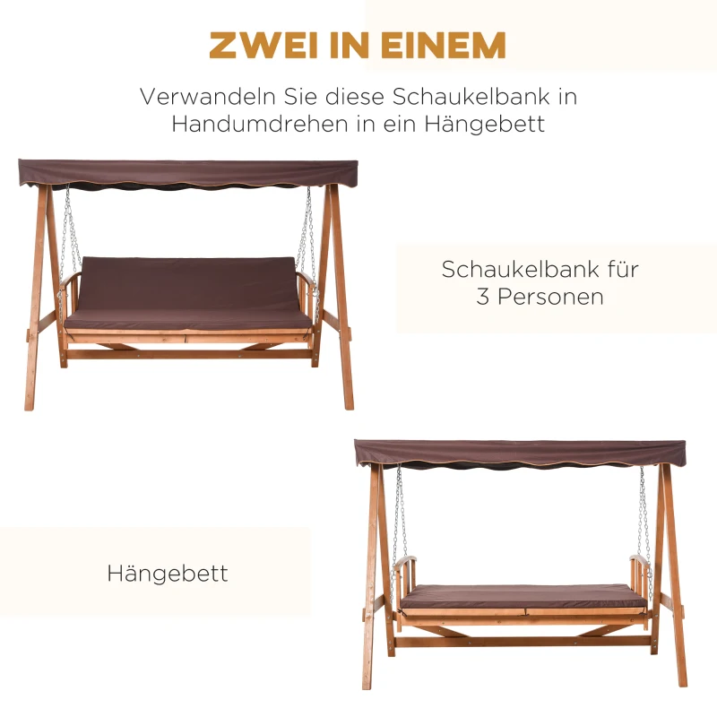 Outsunny Hollywoodschaukel Echtholz-Gartenschaukel Schaukelbank Liege-Funktion aus Tannenholz für 3 Personen Natur+Braun