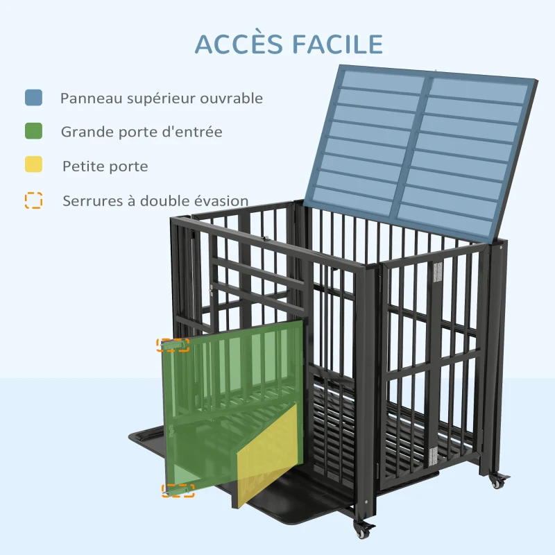 PawHut Cage pour chien pliable transport sur roulettes 2 portes verrouillables plateau amovible interieur exterieur acier noir