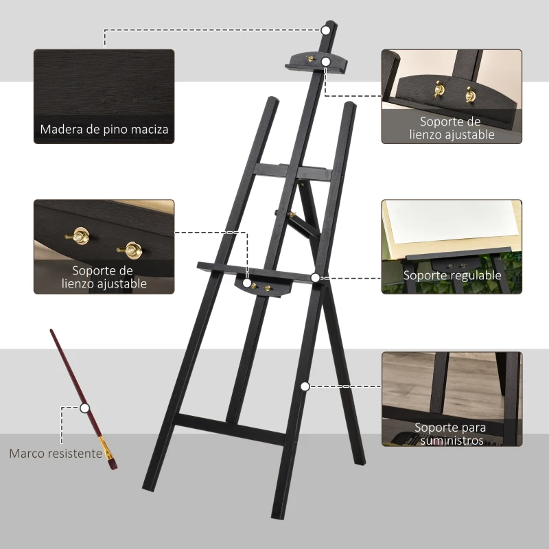HOMCOM Caballete de Pintura de Madera Caballete de Dibujo con Ángulo Ajustable de 75° Soporte Trípode y Pincel para Lienzos 51,5x71,5x134,5 cm Negro