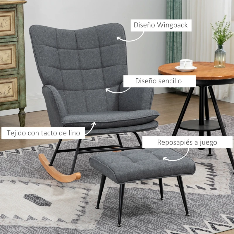 HOMCOM Silla Mecedora con Reposapiés Cojín Acolchado y Antivuelco Carga 130 kg 64x89x90 cm Gris