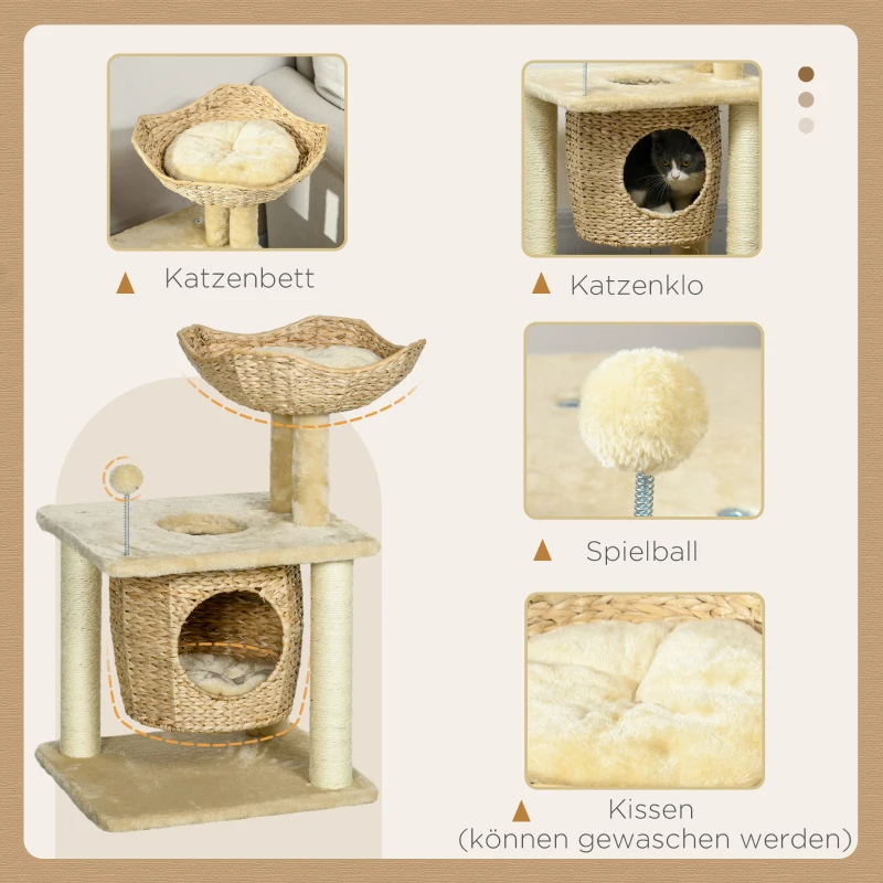 PawHut Kratzbaum mit Katzenhöhle, Liegeplattform, Spielball, 45x40x74cm, Beige(m-5)