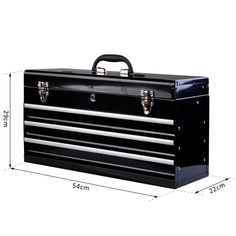 HOMCOM Coffret caisse boite a outils metallique avec 3 tiroirs noir 54 x 22 x 29 cm