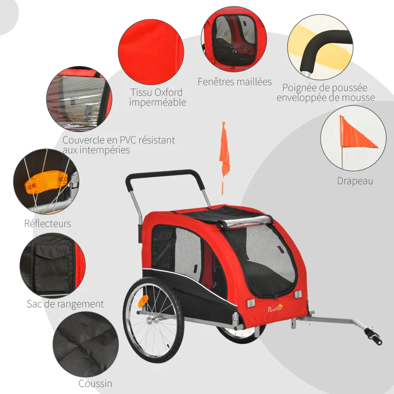 PawHut Remorque à vélo et poussette pour animaux de compagnie conception 2 en 1 pliable en tissu Oxford 4 réflecteurs drapeau inclus 162 x 74 x 85 cm rouge et noir