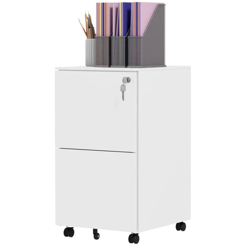 Vinsetto 2-Drawer Vertical Filing Cabinet with Lock and 5 Wheels, Steel Mobile File Cabinet, for A4, Legal and Letter Size, Pre-Assembled Body, White