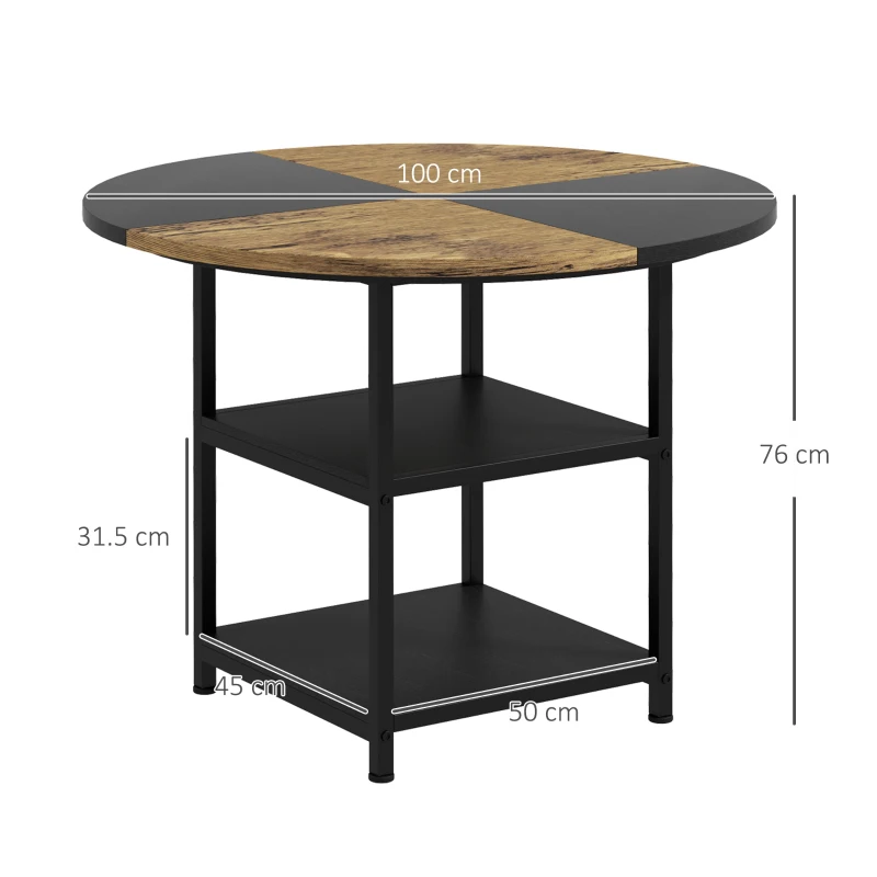 HOMCOM Tavolo da Pranzo per 4-6 Persone con 2 Ripiani Integrati, in Acciaio e MDF, Ø100x76 cm, Nero e Marrone