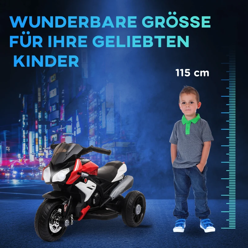 HOMCOM Elektro-Kindermotorrad, Lichter & Geräusche, 3 km/h, wiederaufladbar, Kunststoff & Metall, Schwarz/Rot(m-7)
