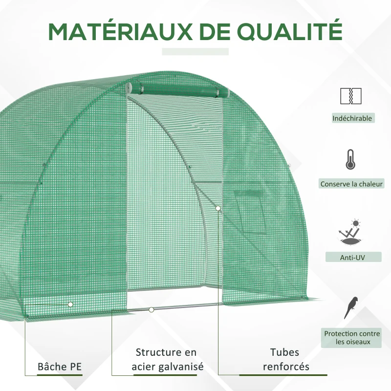 Outsunny Serre de Jardin Tunnel serre d'hivernage Surface Sol 4,5 m² dim. 3L x 1,5l x 2H m châssis Tubulaire renforcé Porte zippée 2 fenêtres enroulables Vert