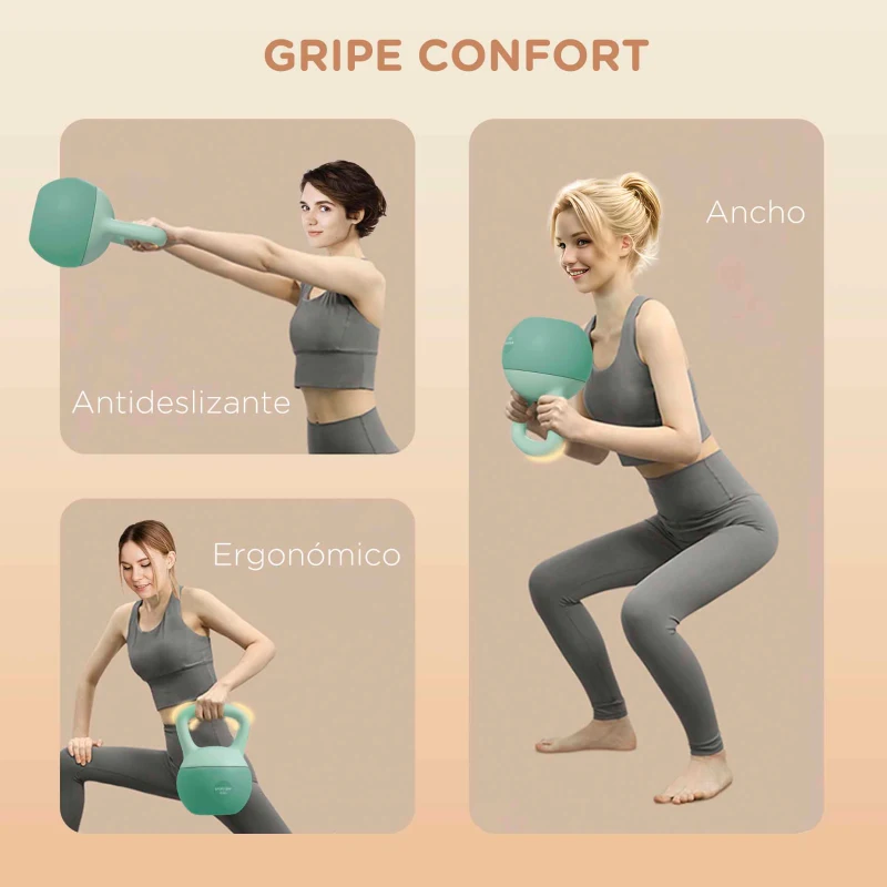 SPORTNOW Pesa Rusa 8 kg Kettlebell Relleno de Arena Metálica y Mango Antideslizante para Entrenamiento en Casa 19x19x28 cm Verde