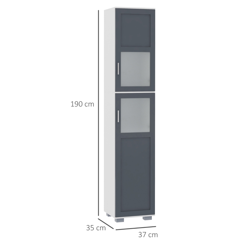 kleankin Armario Alto de Baño Mueble Columna de Baño con 2 Puertas de Vidrio Templado y Estantes Ajustables 37x35x190 cm Blanco y Gris