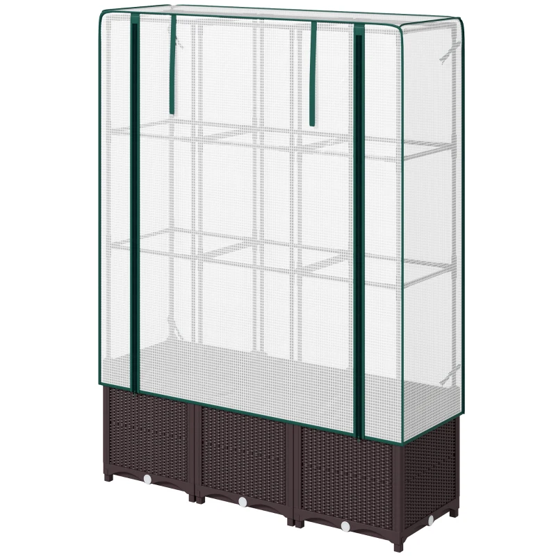 Outsunny Raised Garden Bed with Trellis, Plastic Planter Box with PE Cover, Drainage Holes, Drain Plugs and Water Reservoirs for Climbing Plants, Vegetables, Flowers, 120 x 40 x 140 cm