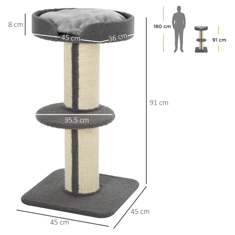 PawHut 91cm Cat Tree, Cat Tower with Scratching Post, Bed, Perch, Removable Cushion for Indoor Kittens, Grey