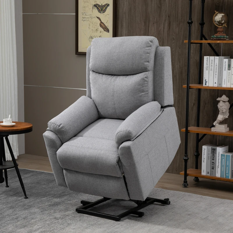 HOMCOM Fauteuil releveur électrique, fauteuil relax électrique avec repose-pied, dossier inclinable, télécommande et poche latérale charge 120kg tissu aspect lin gris clair(m-2)