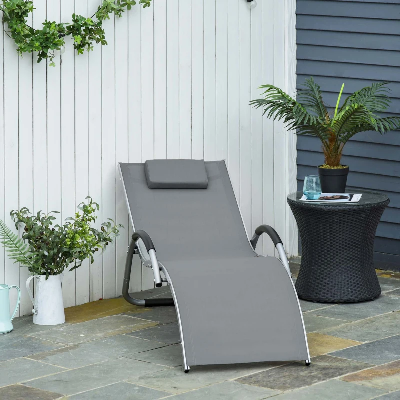Outsunny Sun Lounger Reclining Chair Portable Armchair with Pillow for Garden Patio Outside Aluminium Frame, Dark Grey