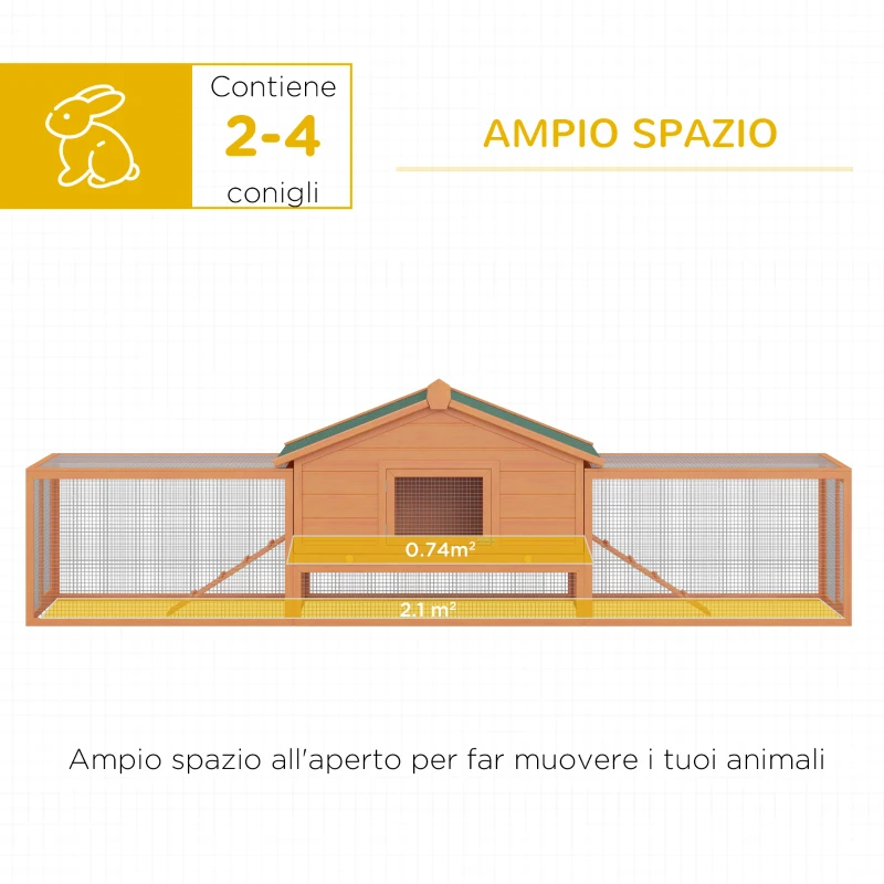 PawHut Conigliera da Esterno con Casetta e 2 Recinti, Gabbia per Conigli e Piccoli Animali di Campagna, 309x79x86 cm, Color Legno e Verde