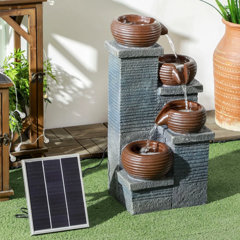 Outsunny Solar Powered Garden Water Feature with LED Lights and Pump, 4 Tier Cascading Water Fountain for Indoor/Outdoor, Bowls Waterfall Ornament, 58cm Height
