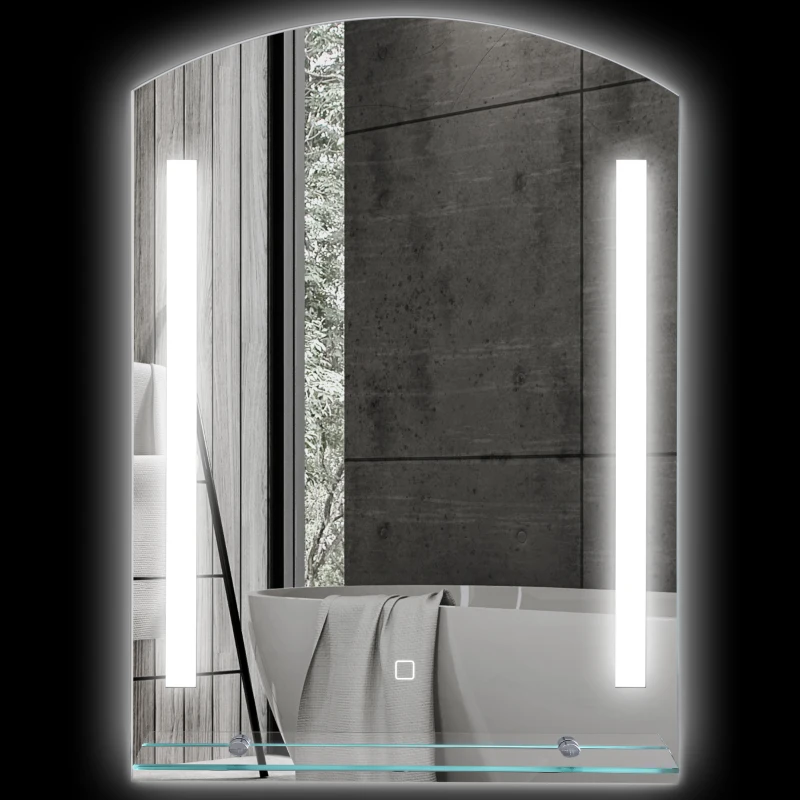 kleankin Espejo de Baño con Luces LED 70x50 cm Interruptor Táctil Iluminación Regulable y Estante de Vidrio Plata