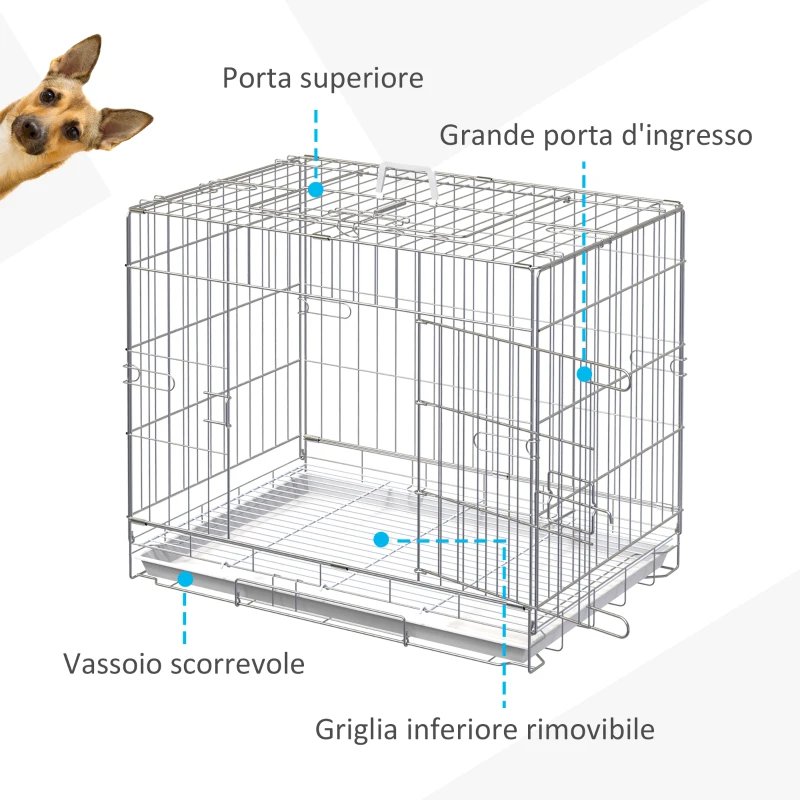PawHut Kennel Gabbia per Cani Pieghevole in Acciaio Galvanizzato, Porta con Blocco e Fondo Rimovibile