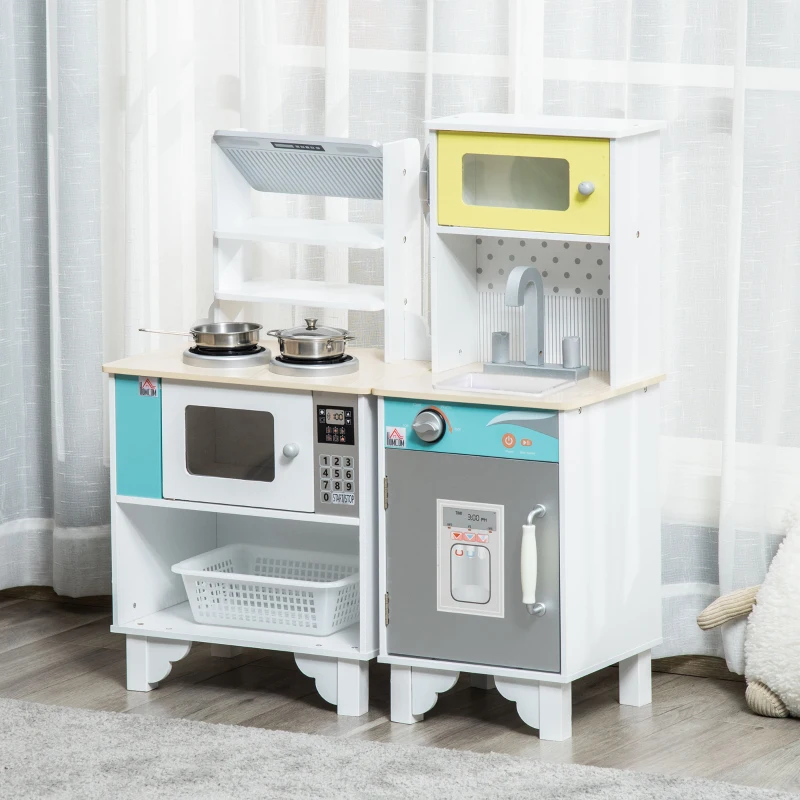 HOMCOM Two Kids Wooden Toy Kitchen Play Cooking Set Pretend Role Playset, with Sink Faucet, Cooking Bench, Telephone, Pots, for 3-6 Years