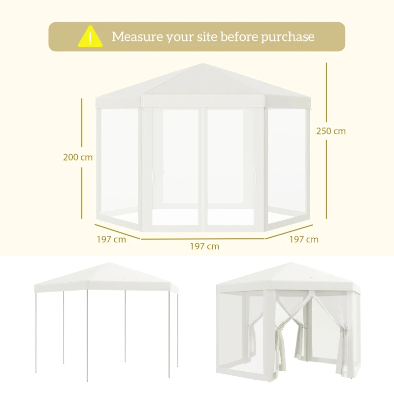 Outsunny 4M Hexagon Gazebo, Netting Party Tent, Patio Canopy Outdoor Event Shelter for Activities, Shade Resistant, Cream White