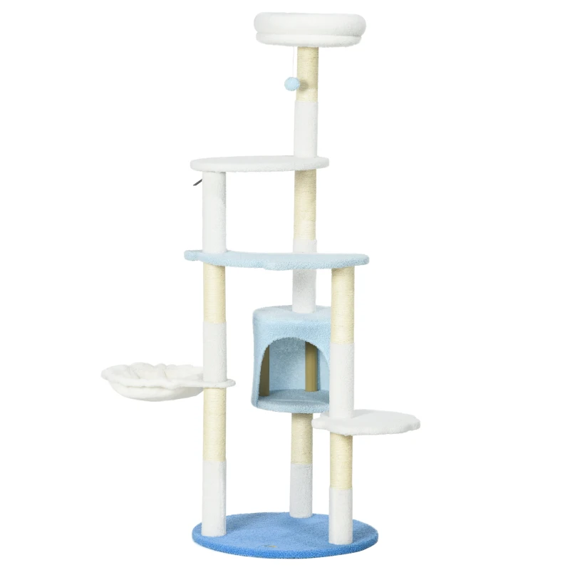 PawHut Árbol Rascador para Gatos Grandes de 155 cm con Postes de Sisal Cueva Cama Hamaca y Bola Ø54,5x155 cm Blanco y Azul