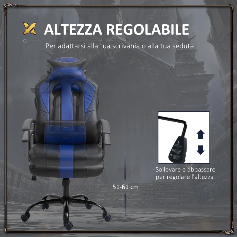 Vinsetto Sedia da Gaming Ergonomica con Cuscino Poggiatesta, Sedia da Ufficio con Lombare Altezza Regolabile e Funzione Dondolo, Nero e Blu, 73 x 64 x 112-122 cm