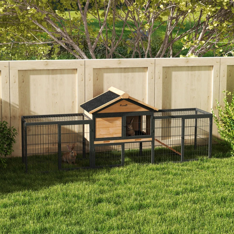 PawHut Wooden Rabbit Hutch Outdoor with Steel Run, Wooden Guinea Pig Cage with Removable Plastic Tray, Asphalt Roof, Ramp