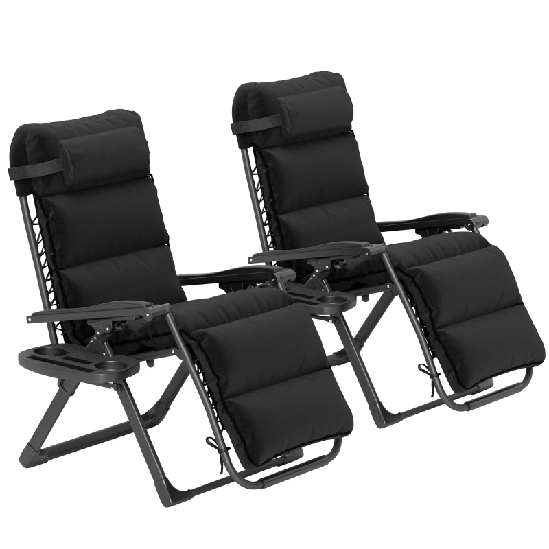 Outsunny Set of Two Reclining Sun Loungers, with Cushion - Black