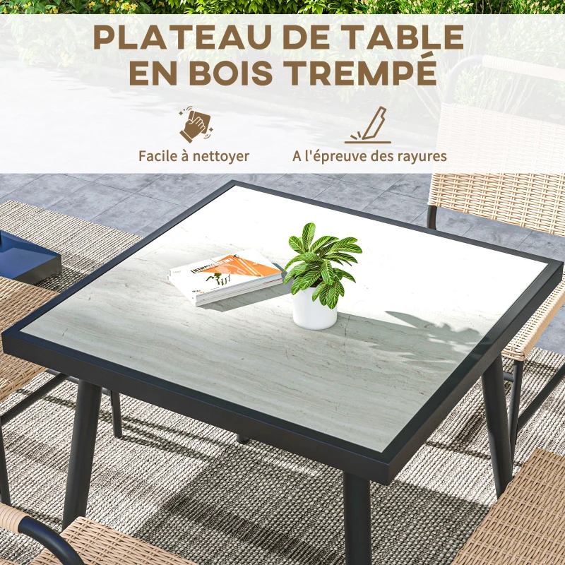 Outsunny Ensemble table carrée et 4 chaises de jardin, 5 pièces, plateau verre trempée, résine tressée effet rotin