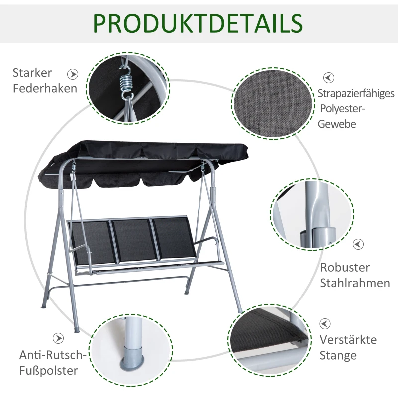 Outsunny Hollywoodschaukel mit verstellbarem Sonnendach, 3-Sitzer Gartenschaukel mit Anti-Rutsch-Füßen, Schaukelbank belastbar bis 240 kg, Gartenliege für Garten, Terasse, 170x110x153cm, Grau+Schwarz