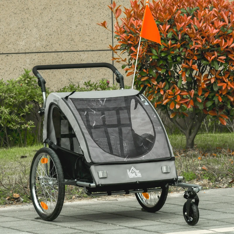 HOMCOM 2-in-1 Kinderanhänger, inkl Fahne und Reflektoren, für 2 Kinder, grau+schwarz