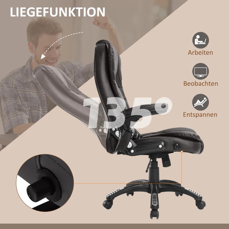 HOMCOM Bürostuhl mit Massagefunktion Ergonomischer Chefsessel mit Heizfunktion, Liegefunktion, Wippfunktion, Höhenverstellbar 360° Drehbar Schreibtischstuhl, Kunstleder, Braun