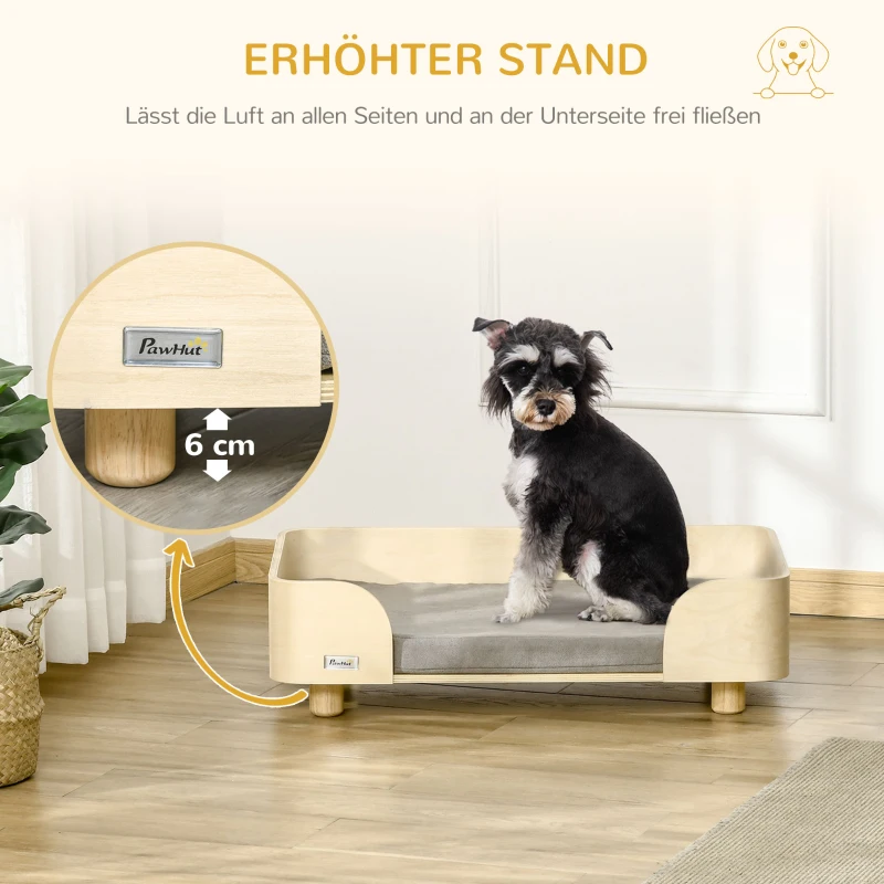 Pawhut Haustiersofa Hundematte Katzensofa Hundecouch Hundebett mit Kissen Indoor modernes Sofa für kleine und mittelgroße Hundesofa Kiefernholz Natur+Hellgrau 75,5 x 45,7 x 21 cm