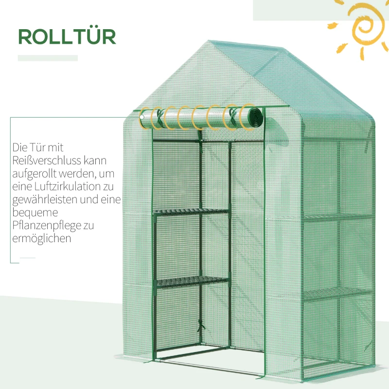 Outsunny Foliengewächshaus Gewächshaus mit 6 Regalebenen begehbares Gartenhäuschen Treibhaus Tomatenhaus Pflanzenhaus mit aufrollbarem Eingang Frühbeet Grün 141 x 72 x 191 cm